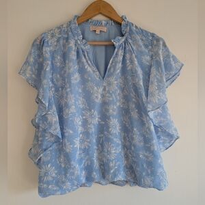 Blousology Floral Blue Ruffle Sleeve Top